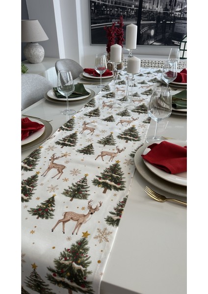 Yeni Yıl Temalı Ceylan Desenli Beyaz Yeşil Bej Gold Detaylı Yılbaşı Runner ( Peçetesiz )