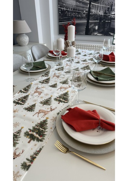 Yeni Yıl Temalı Ceylan Desenli Beyaz Yeşil Bej Gold Detaylı Yılbaşı Runner ( Peçetesiz ) fiyatları