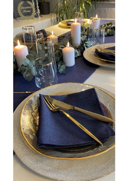 Keten Dokulu Simli Lacivert Uzun Runner (Peçete Dahil Değil )