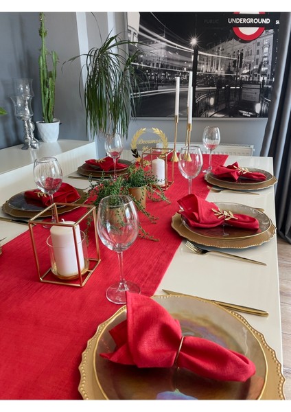 Keten Dokulu Simli Kırmızı Runner Yılbaşı Runner (Peçete Dahil Değil )