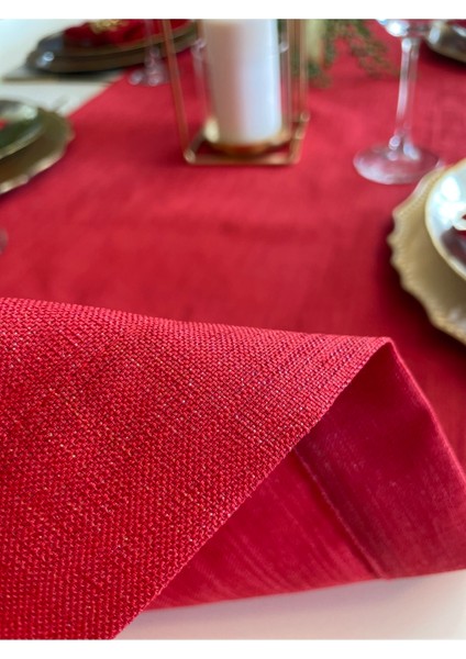 Keten Dokulu Simli Kırmızı Runner Yılbaşı Runner (Peçete Dahil Değil )