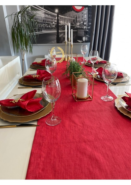 Keten Dokulu Simli Kırmızı Runner Yılbaşı Runner (Peçete Dahil Değil )