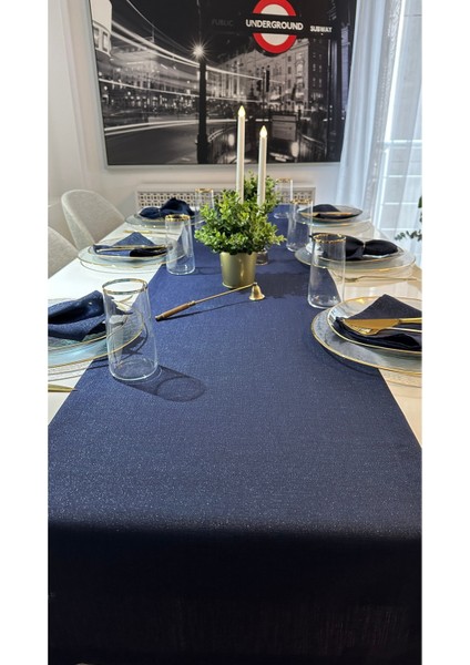 Keten Dokulu Simli Lacivert Uzun Runner (Peçete Dahil Değil ) fiyatları