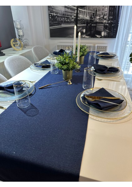 Keten Dokulu Simli Lacivert Uzun Runner (Peçete Dahil Değil ) modelleri