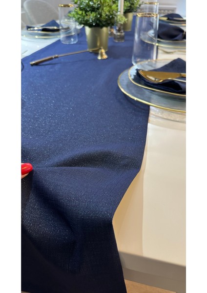 Keten Dokulu Simli Lacivert Uzun Runner (Peçete Dahil Değil ) indirimleri