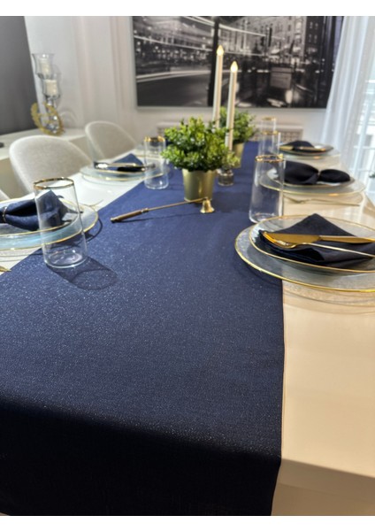 Keten Dokulu Simli Lacivert Uzun Runner (Peçete Dahil Değil )