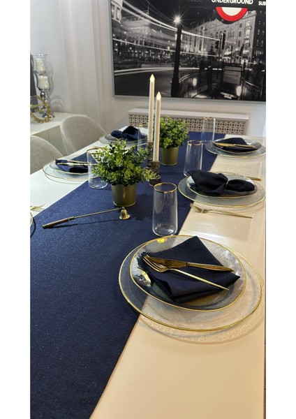 Keten Dokulu Simli Lacivert Uzun Runner (Peçete Dahil Değil )