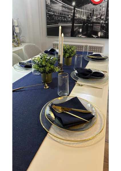 Keten Dokulu Simli Lacivert Uzun Runner (Peçete Dahil Değil )