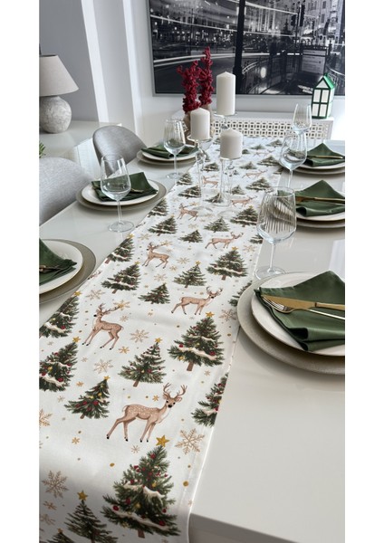 Yeni Yıl Temalı Ceylan Desenli Beyaz Yeşil Bej Gold Detaylı Yılbaşı Runner ( Peçetesiz ) modelleri