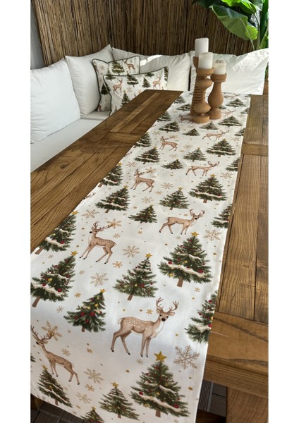 Yeni Yıl Temalı Ceylan Desenli Beyaz Yeşil Bej Gold Detaylı Yılbaşı Runner ( Peçetesiz ) fırsatları