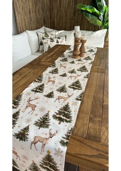 Yeni Yıl Temalı Ceylan Desenli Beyaz Yeşil Bej Gold Detaylı Yılbaşı Runner ( Peçetesiz ) indirimleri