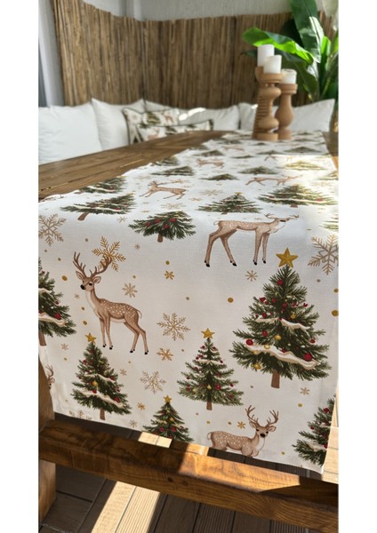 Yeni Yıl Temalı Ceylan Desenli Beyaz Yeşil Bej Gold Detaylı Yılbaşı Runner ( Peçetesiz )