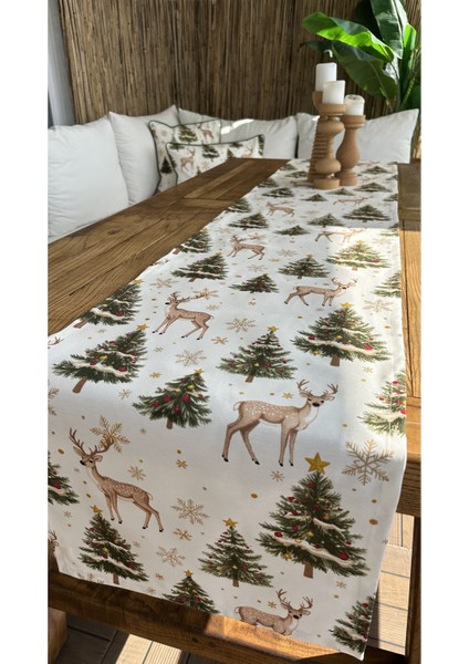 Yeni Yıl Temalı Ceylan Desenli Beyaz Yeşil Bej Gold Detaylı Yılbaşı Runner ( Peçetesiz )