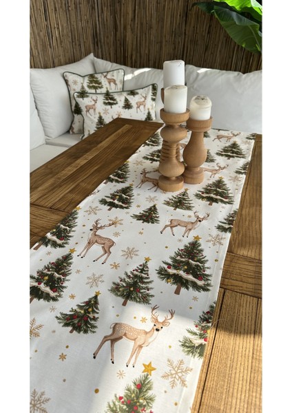 Yeni Yıl Temalı Ceylan Desenli Beyaz Yeşil Bej Gold Detaylı Yılbaşı Runner ( Peçetesiz )