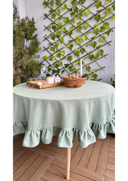 Kadife Dokulu Vintage Çağla Yeşili Fırfırlı Yuvarlak Masa Örtüsü Dertsiz