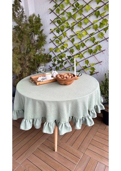 Kadife Dokulu Vintage Çağla Yeşili Fırfırlı Yuvarlak Masa Örtüsü Dertsiz fiyatları