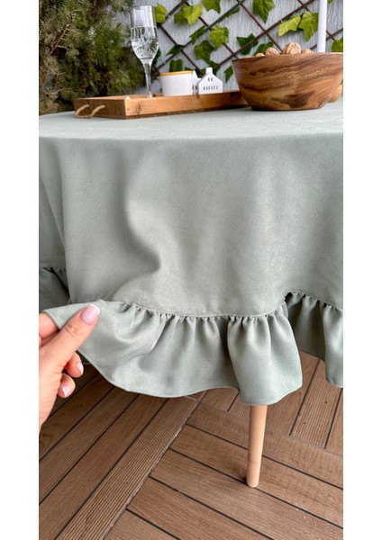 Kadife Dokulu Vintage Çağla Yeşili Fırfırlı Yuvarlak Masa Örtüsü Dertsiz modelleri
