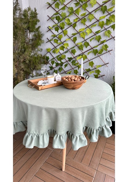 Kadife Dokulu Vintage Çağla Yeşili Fırfırlı Yuvarlak Masa Örtüsü Dertsiz fırsatları