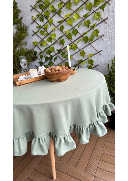 Kadife Dokulu Vintage Çağla Yeşili Fırfırlı Yuvarlak Masa Örtüsü Dertsiz indirimleri