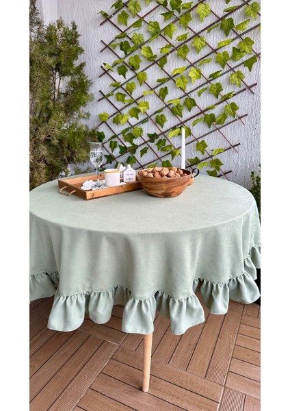 Kadife Dokulu Vintage Çağla Yeşili Fırfırlı Yuvarlak Masa Örtüsü Dertsiz