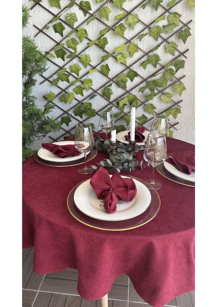 Kadife Dokulu Leke Tutmaz Bordo Yuvarlak Masa Örtüsü(Peçete Dahil Değil)