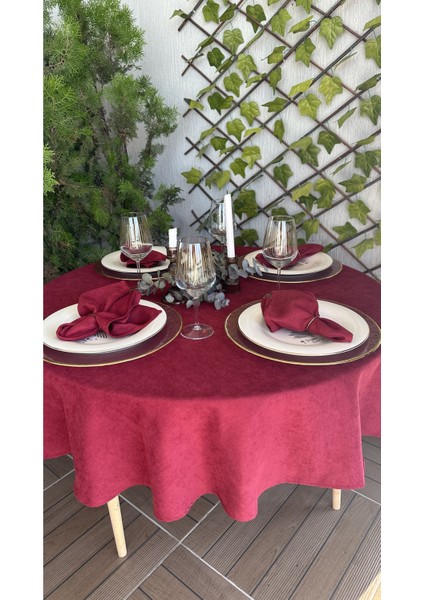 Kadife Dokulu Leke Tutmaz Bordo Yuvarlak Masa Örtüsü(Peçete Dahil Değil) indirimleri