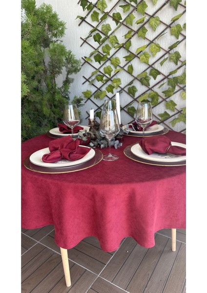 Kadife Dokulu Leke Tutmaz Bordo Yuvarlak Masa Örtüsü(Peçete Dahil Değil)