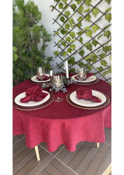 Kadife Dokulu Leke Tutmaz Bordo Yuvarlak Masa Örtüsü(Peçete Dahil Değil)
