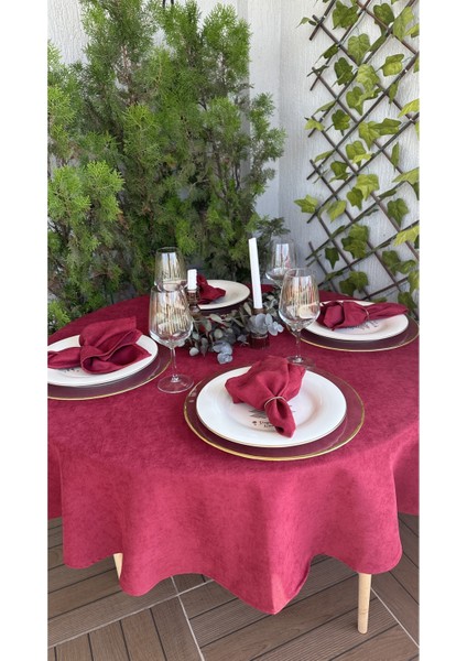 Kadife Dokulu Leke Tutmaz Bordo Yuvarlak Masa Örtüsü(Peçete Dahil Değil)