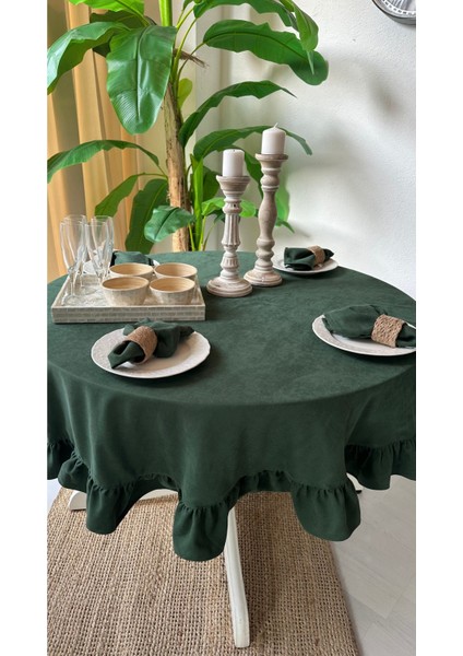 Kadife Dokulu Zümrüt Yeşili Fırfırlı Yuvarlak Masa Örtüsü Leke Tutmaz (Peçetesiz)