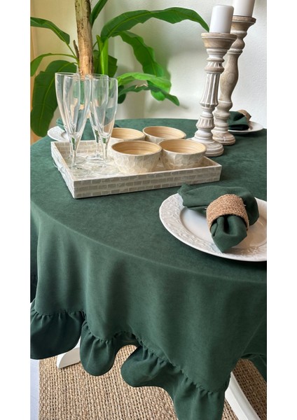 Kadife Dokulu Zümrüt Yeşili Fırfırlı Yuvarlak Masa Örtüsü Leke Tutmaz (Peçetesiz) fiyatları