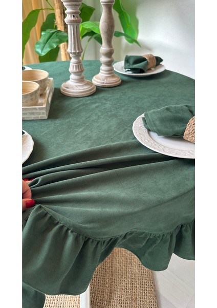 Kadife Dokulu Zümrüt Yeşili Fırfırlı Yuvarlak Masa Örtüsü Leke Tutmaz (Peçetesiz) modelleri
