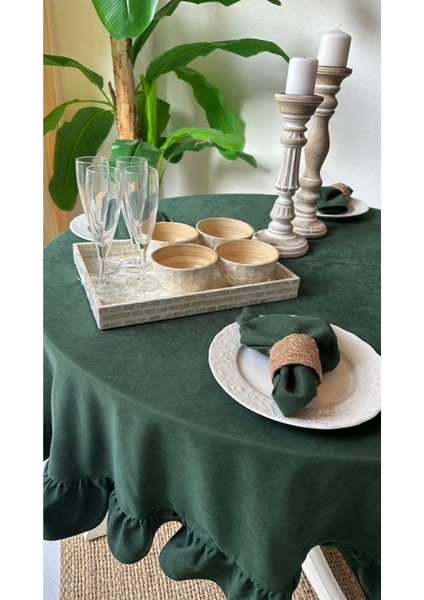 Kadife Dokulu Zümrüt Yeşili Fırfırlı Yuvarlak Masa Örtüsü Leke Tutmaz (Peçetesiz) fırsatları