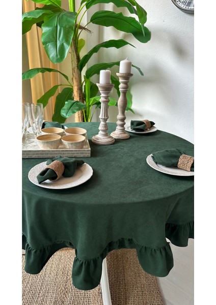 Kadife Dokulu Zümrüt Yeşili Fırfırlı Yuvarlak Masa Örtüsü Leke Tutmaz (Peçetesiz) indirimleri