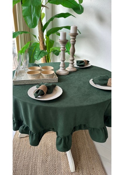 Kadife Dokulu Zümrüt Yeşili Fırfırlı Yuvarlak Masa Örtüsü Leke Tutmaz (Peçetesiz)