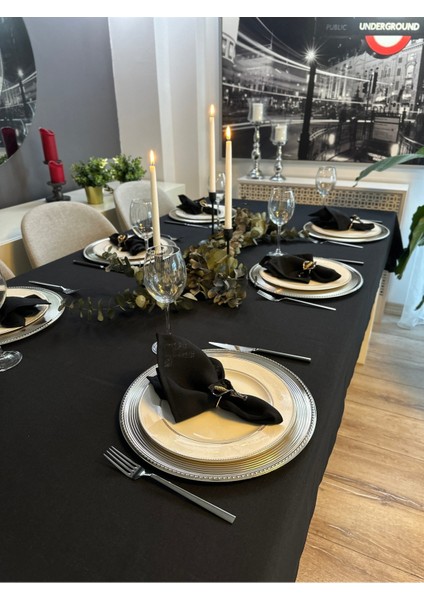 Keten Dokulu Siyah Masa Örtüsü (Peçete Dahil Değil )