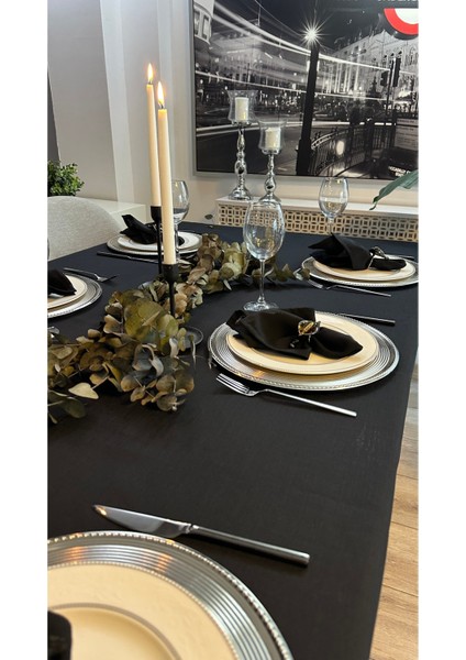 Keten Dokulu Siyah Masa Örtüsü (Peçete Dahil Değil )