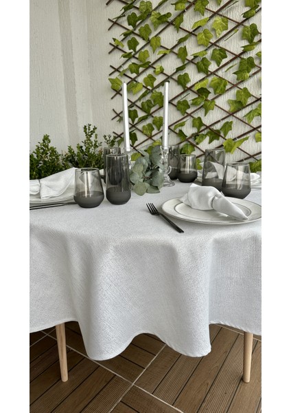 Keten Dokulu Gümüş Simli Beyaz Yuvarlak Masa Örtüsü (Peçete Dahil Değil )