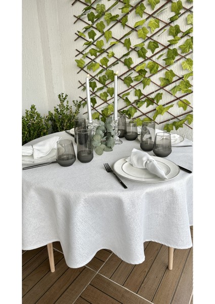 Keten Dokulu Gümüş Simli Beyaz Yuvarlak Masa Örtüsü (Peçete Dahil Değil ) fiyatları