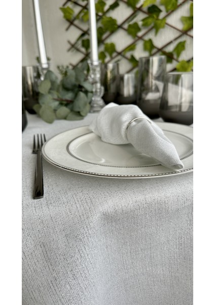 Keten Dokulu Gümüş Simli Beyaz Yuvarlak Masa Örtüsü (Peçete Dahil Değil ) modelleri