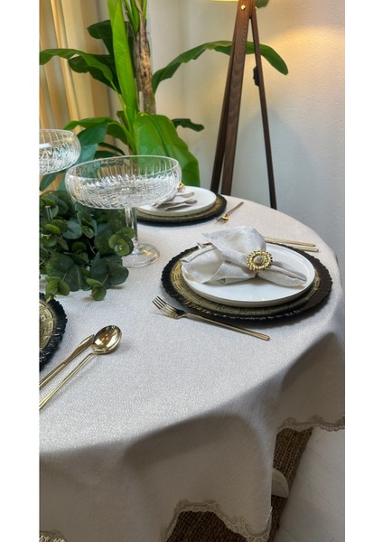 Keten Dokulu Gold Simli Dantel Detaylı Ekru Yuvarlak Masa Örtüsü (Peçete Dahil Değil) fiyatları