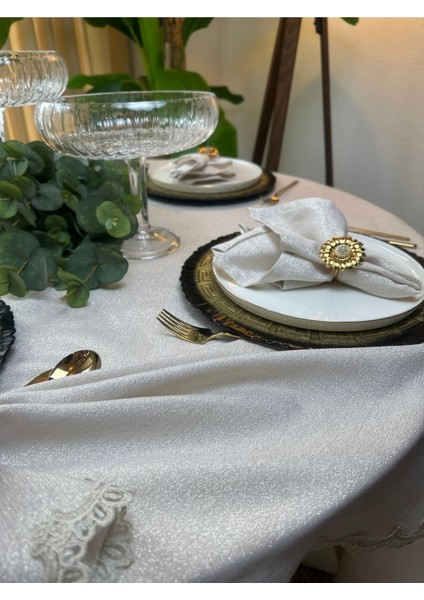 Keten Dokulu Gold Simli Dantel Detaylı Ekru Yuvarlak Masa Örtüsü (Peçete Dahil Değil) modelleri