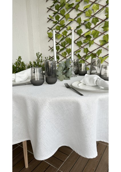 Keten Dokulu Gümüş Simli Beyaz Yuvarlak Masa Örtüsü (Peçete Dahil Değil ) fırsatları