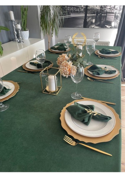 Kadife Dokulu Dertsiz Leke Tutmaz Koyu Yeşil Masa Örtüsü (Peçete Dahil Değil )