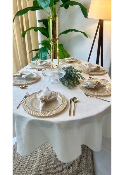 Keten Dokulu Gold Simli Ekru Oval Masa Örtüsü (Peçete Dahil Değil)