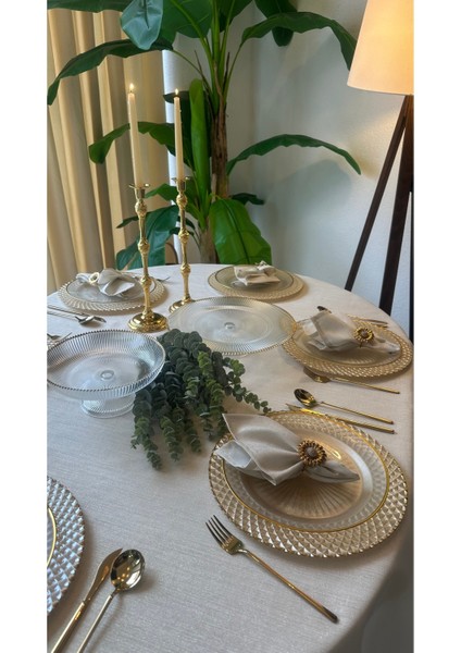 Keten Dokulu Gold Simli Ekru Oval Masa Örtüsü (Peçete Dahil Değil) modelleri