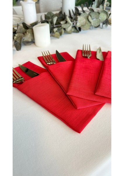 Kırmızı Keten Dokulu Kaşıklık 6 Adet 10 x 24 cm