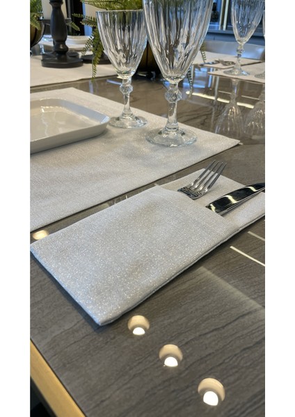 Keten Dokulu Gümüş Simli Beyaz Kaşıklık 6 Adet 10 x 24 cm