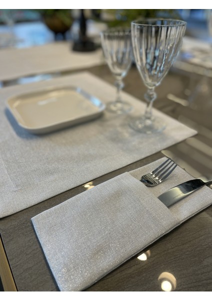 Keten Dokulu Gümüş Simli Beyaz Kaşıklık 6 Adet 10 x 24 cm fiyatları