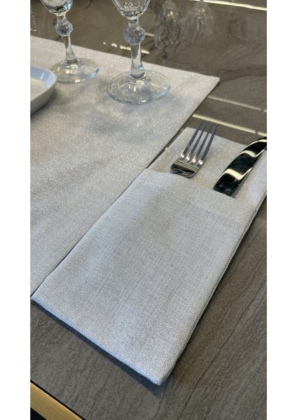 Keten Dokulu Gümüş Simli Beyaz Kaşıklık 6 Adet 10 x 24 cm modelleri